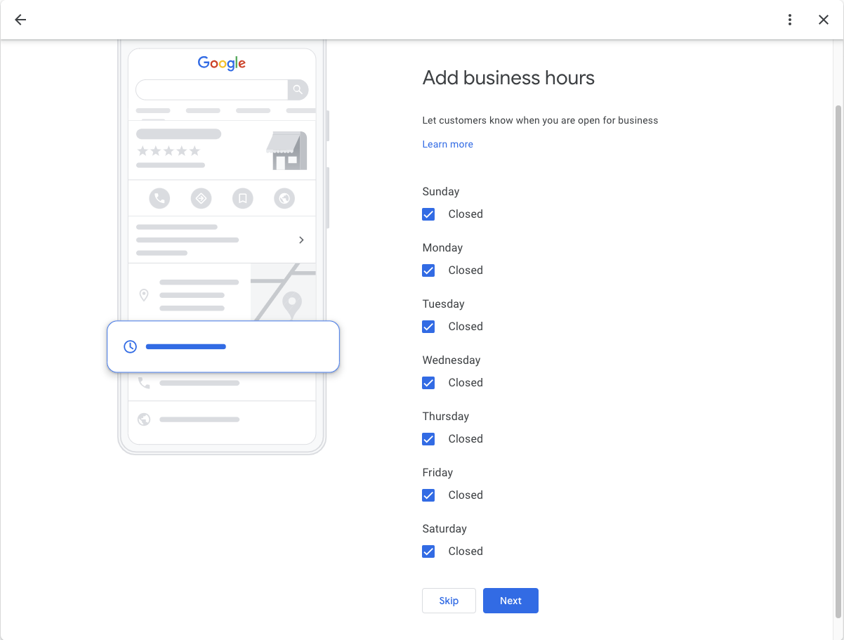 Google Business Profile business hours step in the profile completion flow