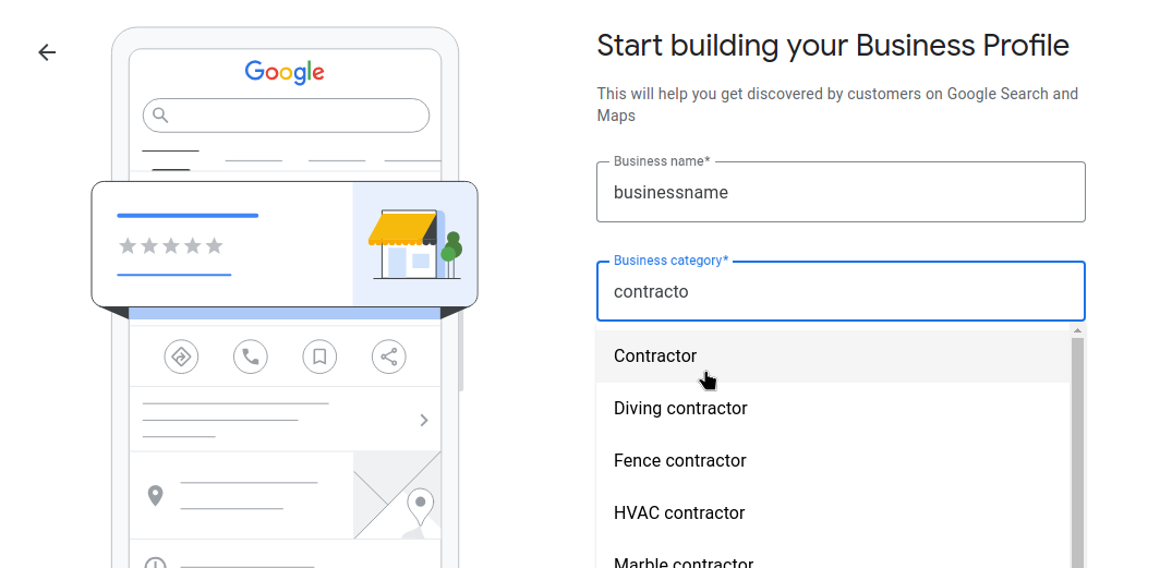 Google Business Profile setup form for business name and business category