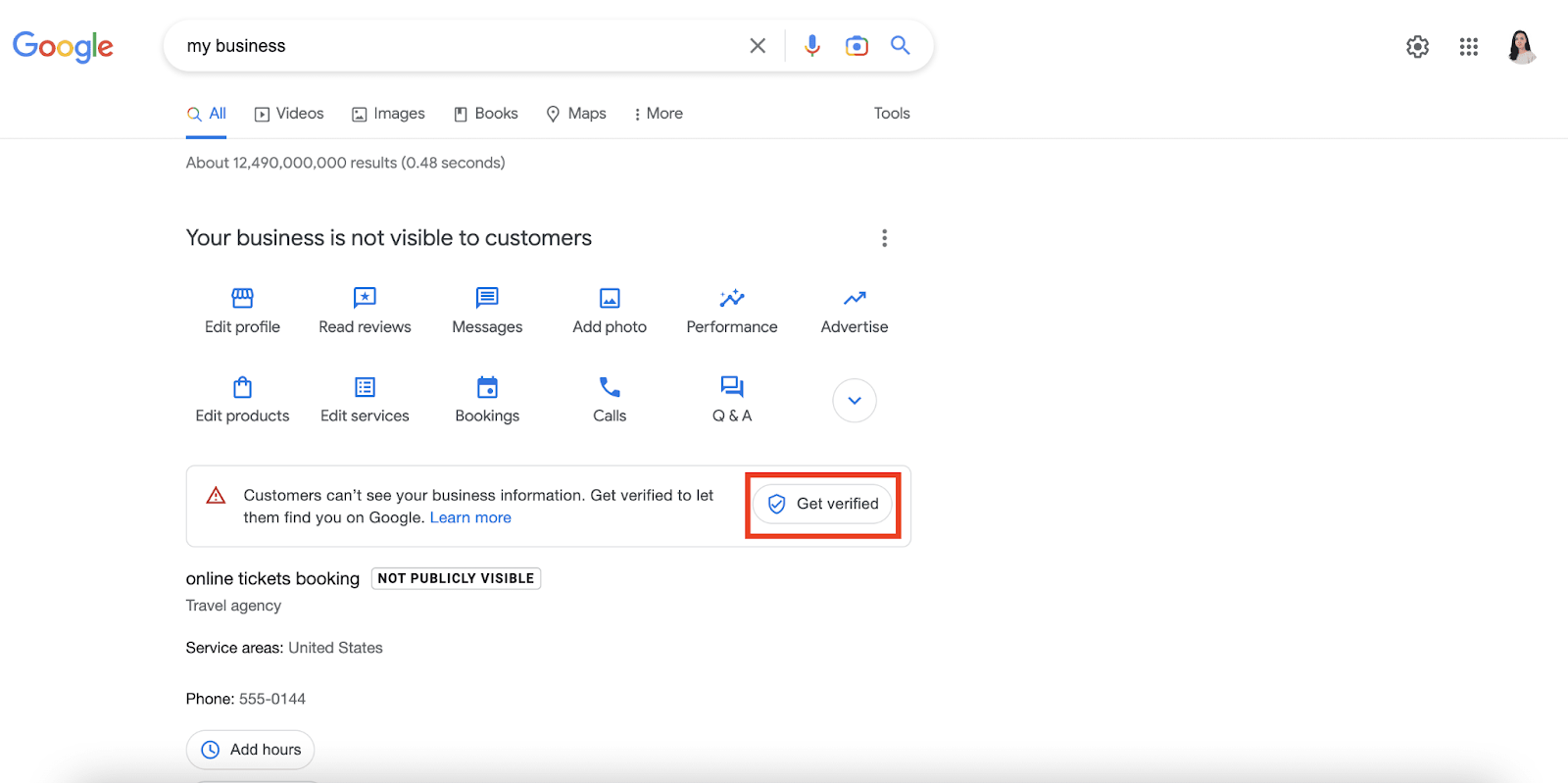Google Business Profile search result management panel with the Get verified button highlighted