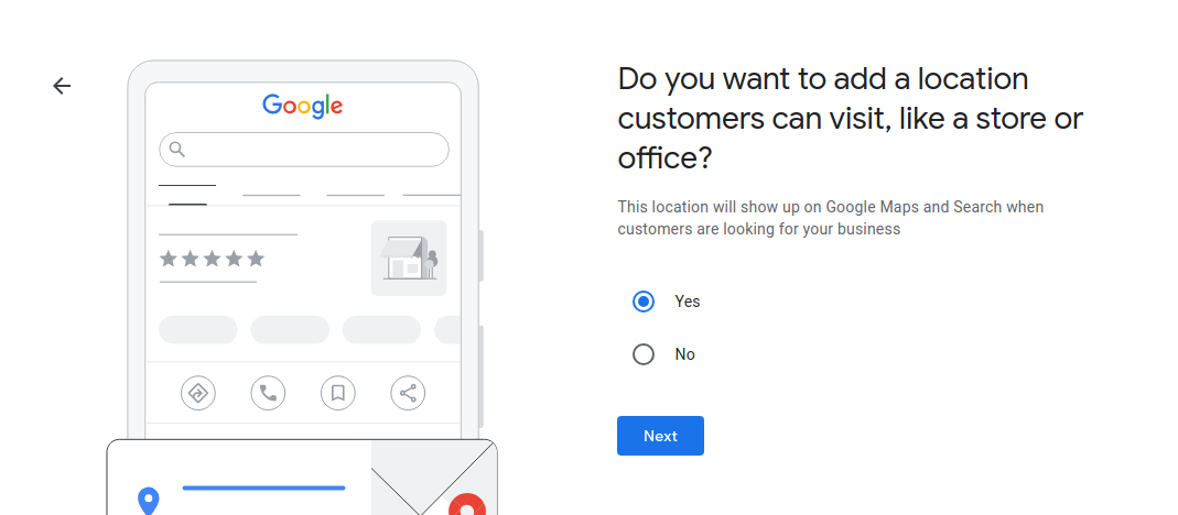 Google Business Profile question asking whether customers can visit the location