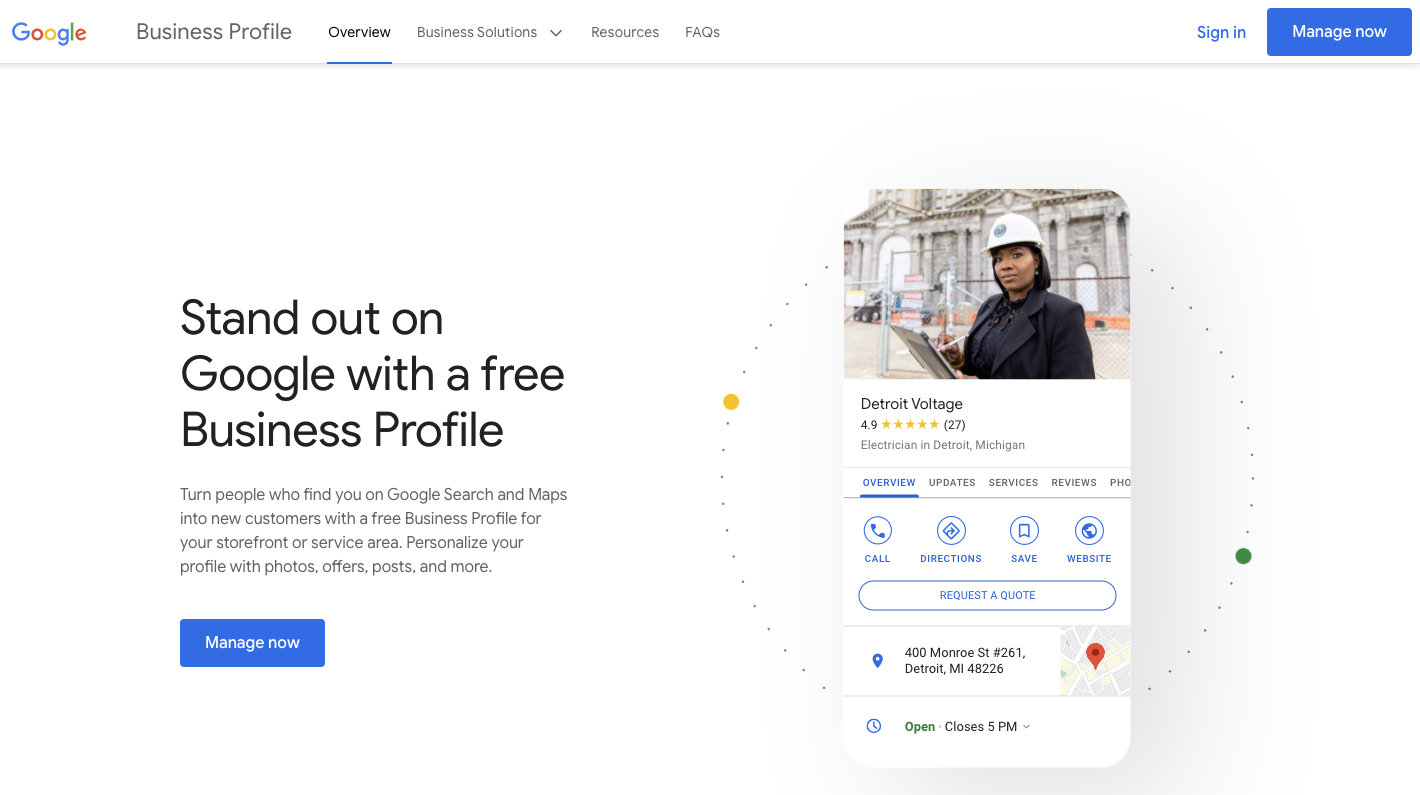 Google Business Profile landing page with the Manage now button visible