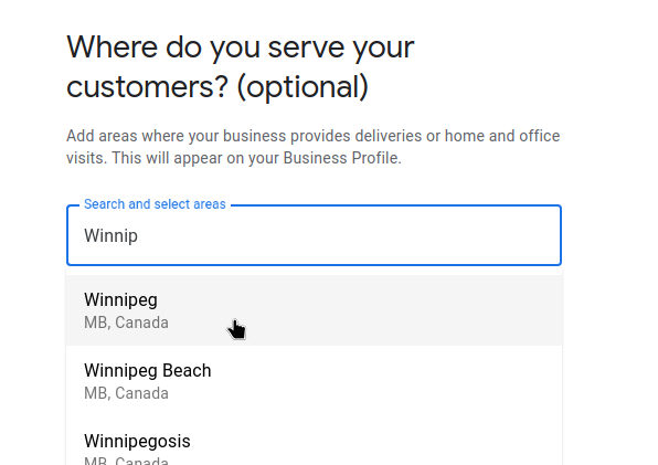 Google Business Profile service area entry screen showing area suggestions