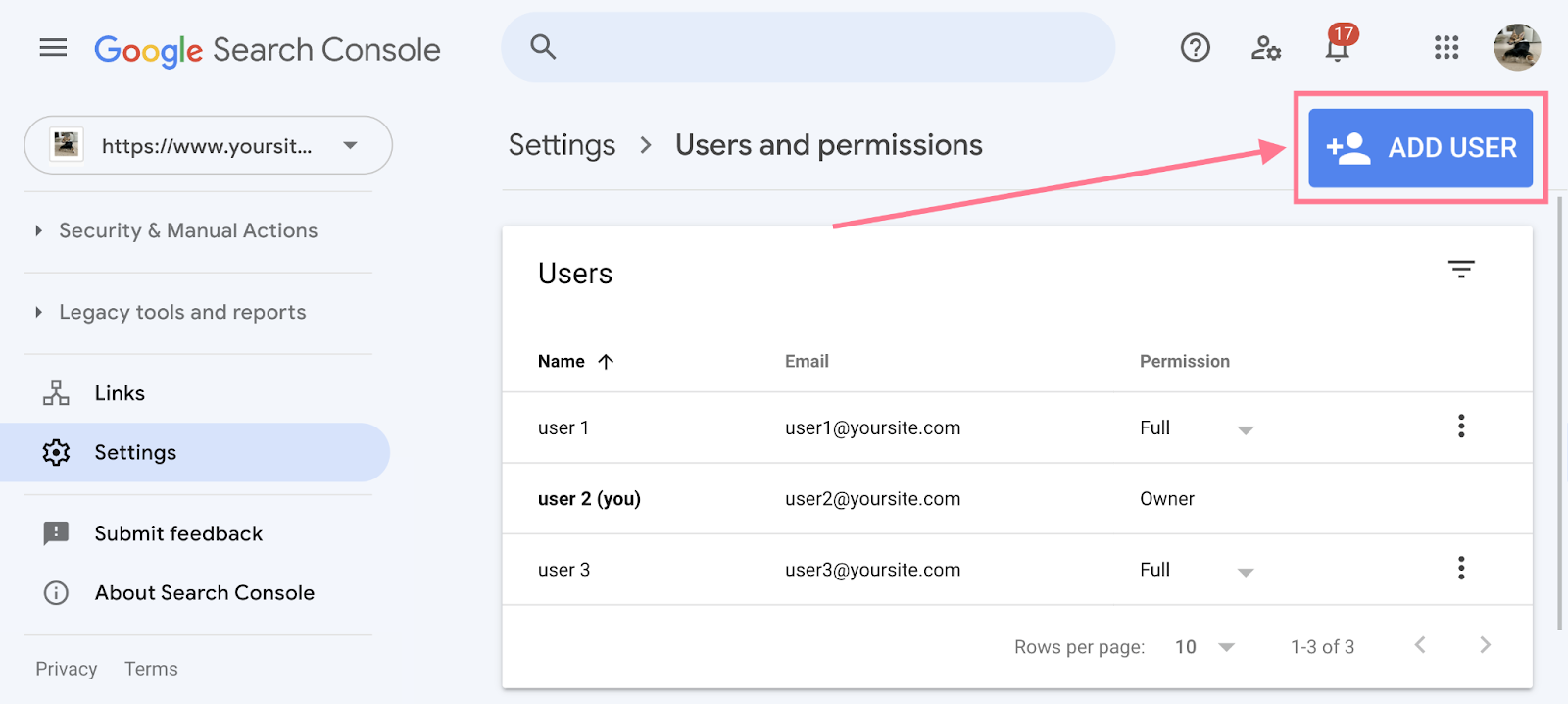 Google Search Console users screen with the Add user button highlighted