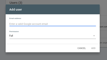 Google Search Console add user dialog with email field and permission selector