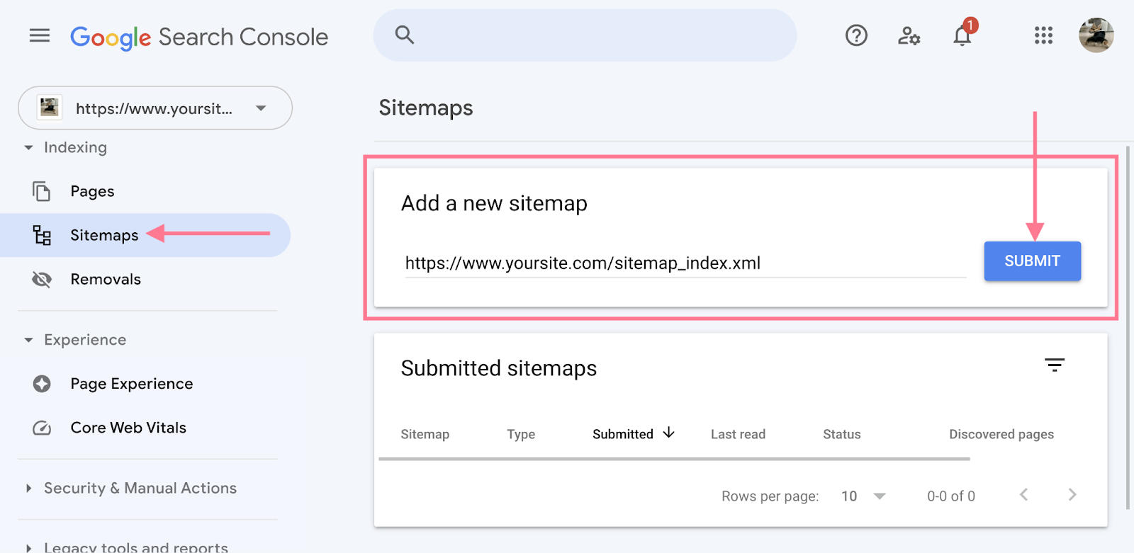 Google Search Console Sitemaps screen with the sidebar item highlighted