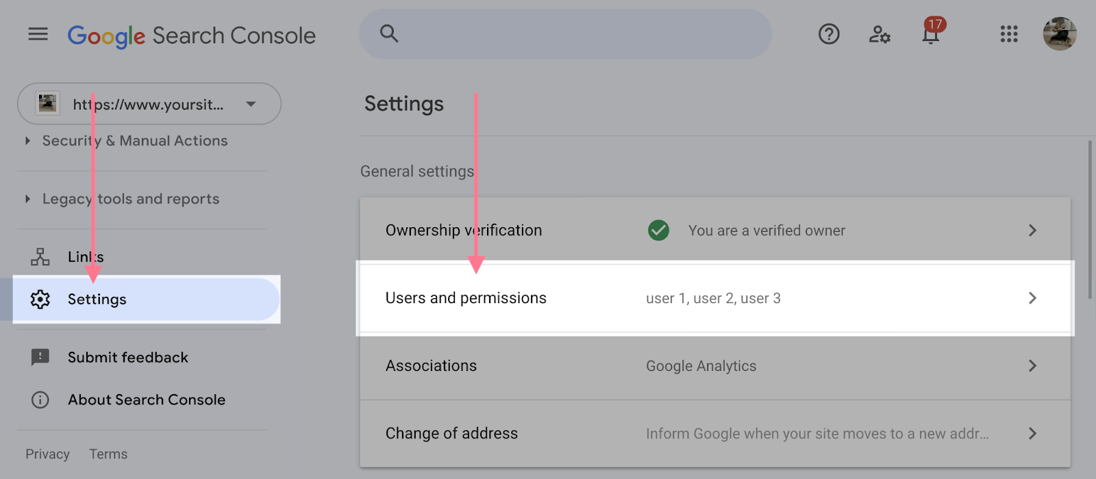Google Search Console settings screen with Users and permissions highlighted